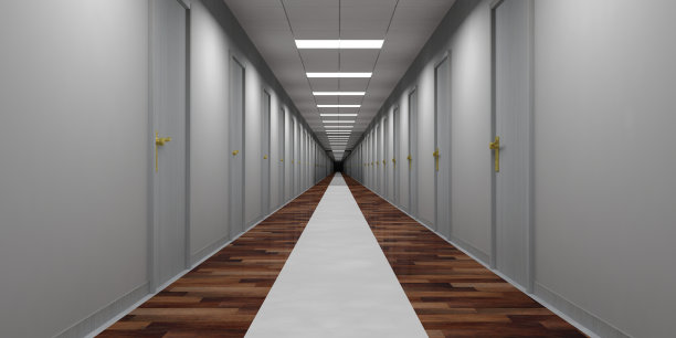 酒店空荡荡的走廊，灰色的门，木制和大理石地板。三维演示图片下载