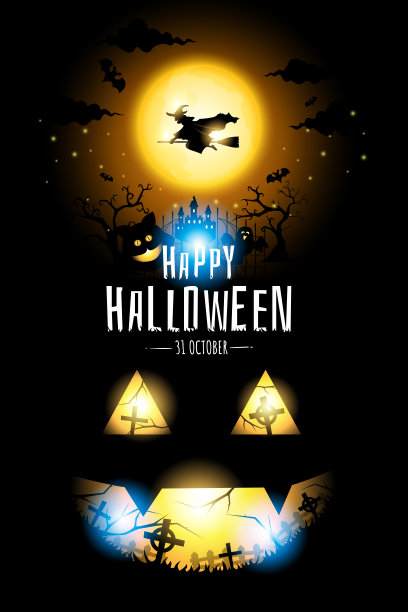 万圣节女巫飞在橙色大月亮，猫和幽灵在墓地黑暗的背景，海报矢量插图。图片下载
