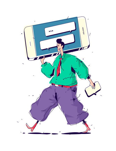 男人拿着大的智能手机。在经理和消息聊天，通过短信发送广告。图像是孤立的白色背景。插图横幅，网站和印刷。广告。图片下载