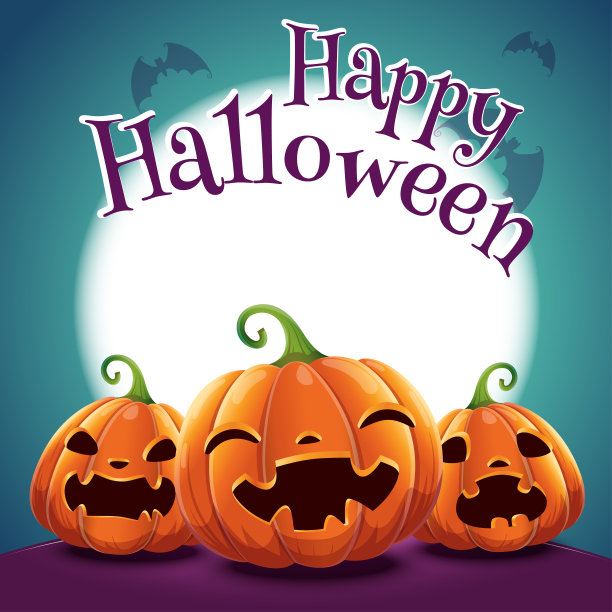 万圣节海报与现实的南瓜在深蓝色的背景与发光的满月和蝙蝠。矢量插图海报，横幅，邀请，广告，传单。图片下载