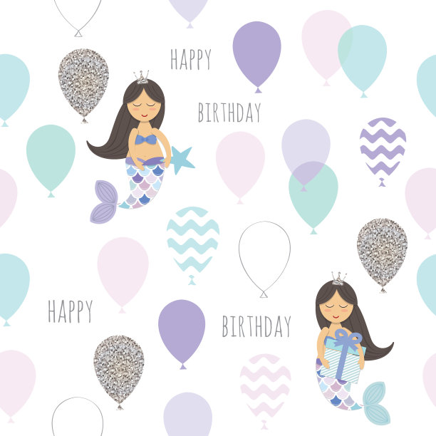 美人鱼生日无缝图案背景。可爱的卡通人物。向量图片下载