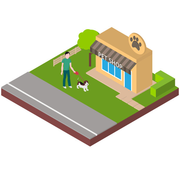 2.5D宠物店或动物园商店。 мужчина带小猎兔犬去商店。遛狗服务。图片下载