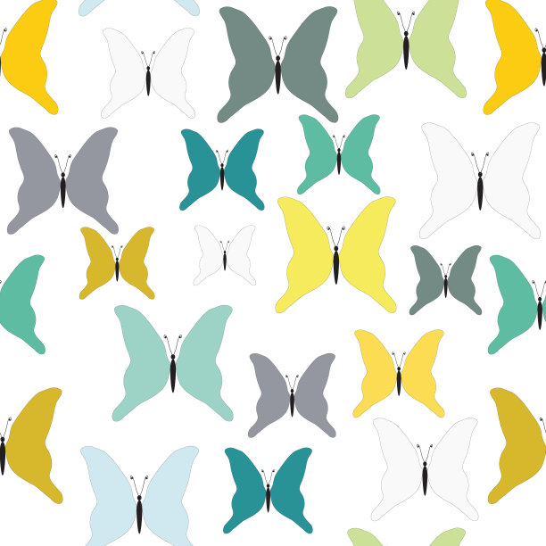 蓝绿色，绿色和芥末色的热带蝴蝶。无缝模式。可用于文具、墙纸、剪贴簿及纺织品、织物印花。图片下载