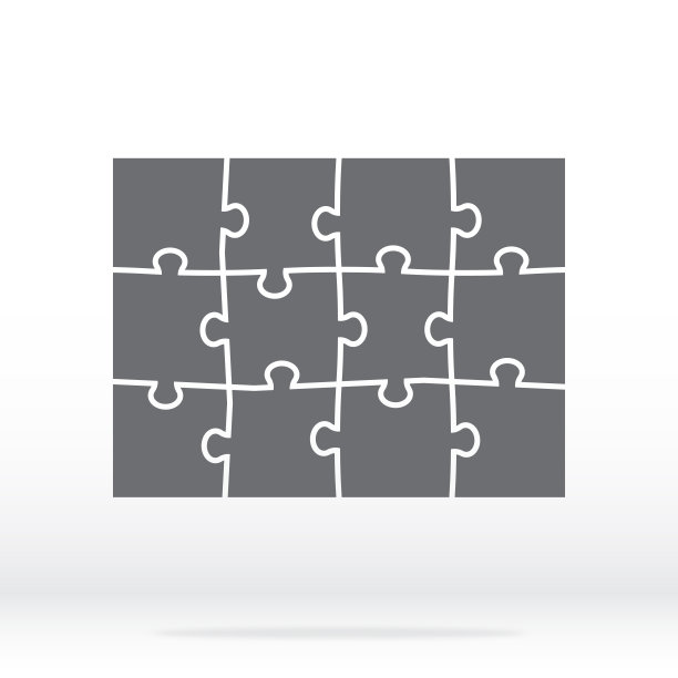 简单的灰色图标谜题。简单的图标谜题的12个元素在灰色的背景。简单的图标拼图四对三件。股票向量。平面设计。图片下载