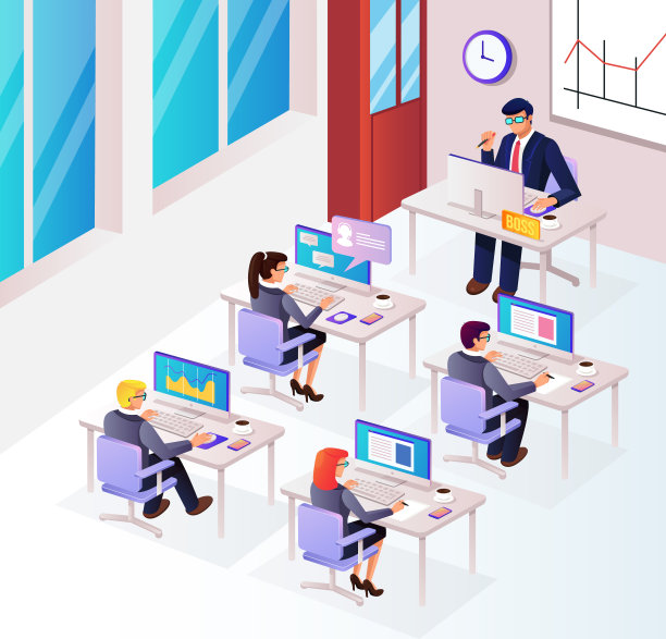 人们，人物，商人，经理，办公室职员，员工坐在房间里，工作场所，和说话的老板一起工作。办公室生活工作场所团队沟通等距三维视图平面设计矢量插图图片下载