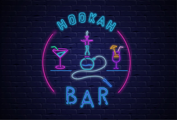 黑色水烟酒廊背景与五颜六色的霓虹灯装饰。图片下载