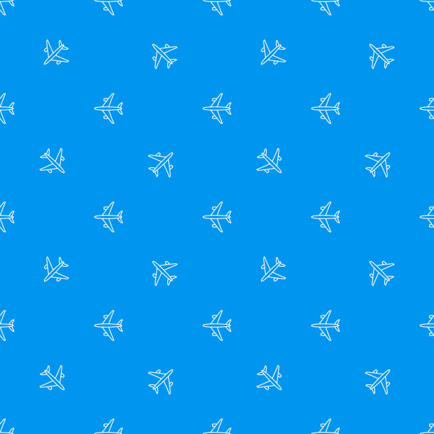 无缝飞机模式。在蓝色背景上飞行的飞机。图片下载