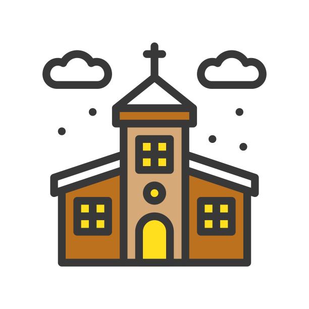 教堂和雪花落下，圣诞相关图标设置，填充轮廓设计可编辑的笔画图片下载