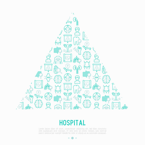 医院概念以三角形表示，细线图标代表医生的符号:神经科医生，胃肠科医生，手动治疗，眼科医生，心脏病科医生，过敏科医生，皮肤科医生。矢量插图。图片下载