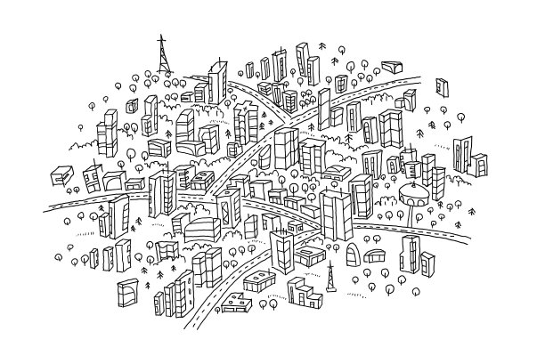 小镇素描在圆圈里。手绘黑线。图片下载