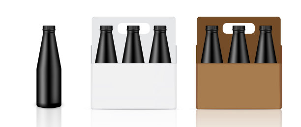 模拟现实的黑瓶，纸箱，盒子和包装饮料产品的牛奶或水果汁孤立的背景。图片下载