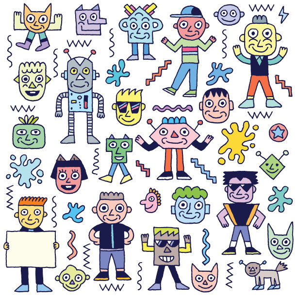 Smiley Faces Cheese Characters Doodles Set 1 Color Vector插图图片下载