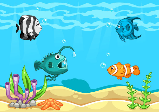 水下世界矢量插图与藻类，海星，海贝和鱼类图片下载