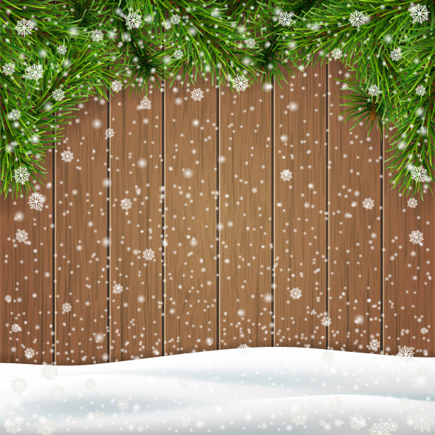 松树枝上的雪堆在木制的背景上图片下载