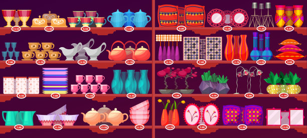 放置厨房用品和陶器的货架图片下载