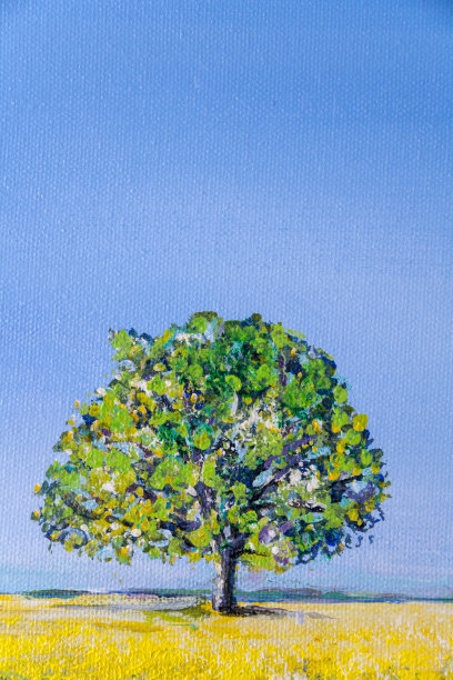 一棵夏天树在一片黄澄澄的油菜田里和一片蔚蓝的天际，丙烯绘画技法细致入微。图片下载