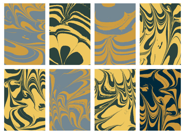 一套大理石纹艺术在金色。波浪豪华抽象ebru画。混合颜料与深蓝色。向量。图片下载