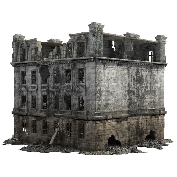 废墟建筑孤立的白色3D插图图片下载