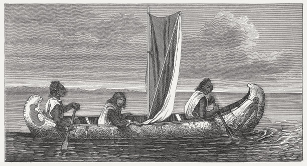 奇佩瓦印第安人在桦树皮独木舟上，木刻，1876年出版图片下载
