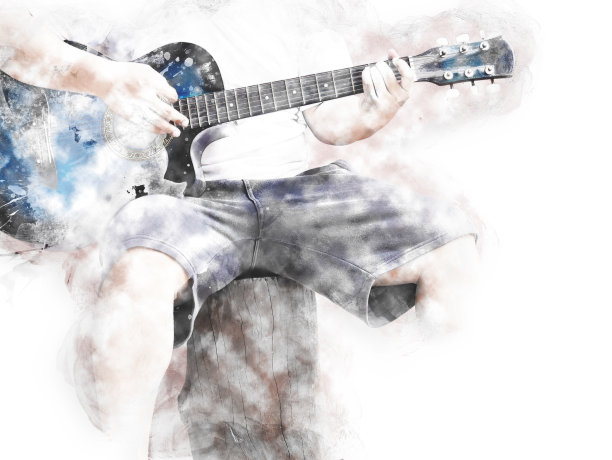 抽象美丽的弹吉他在前景上的水彩画背景和数字插图的笔刷艺术。图片下载