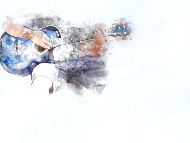 抽象美丽的弹吉他在前景上的水彩画背景和数字插图的笔刷艺术。图片下载