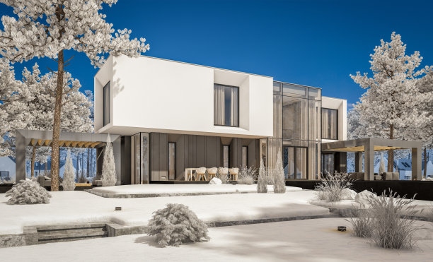 现代舒适的房子冬天的3d渲染与闪亮的白色雪图片下载