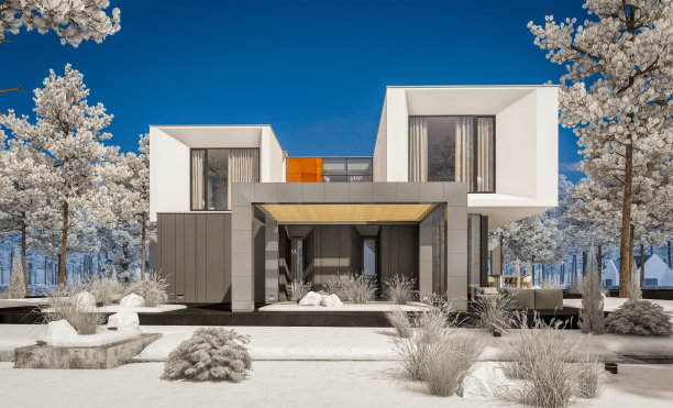 现代舒适的房子冬天的3d渲染与闪亮的白色雪图片下载