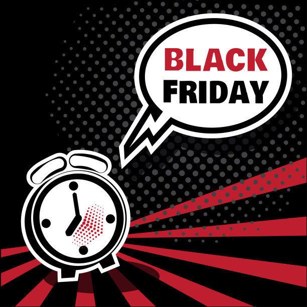 黑色和白色的闹钟和漫画泡泡与黑色的背景和红色的光束铭文黑色星期五。矢量插图在波普艺术风格。图片下载
