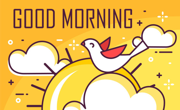 早上好，有鸟，云彩和太阳的卡片。细线平面设计。矢量，早上好，横幅。图片下载