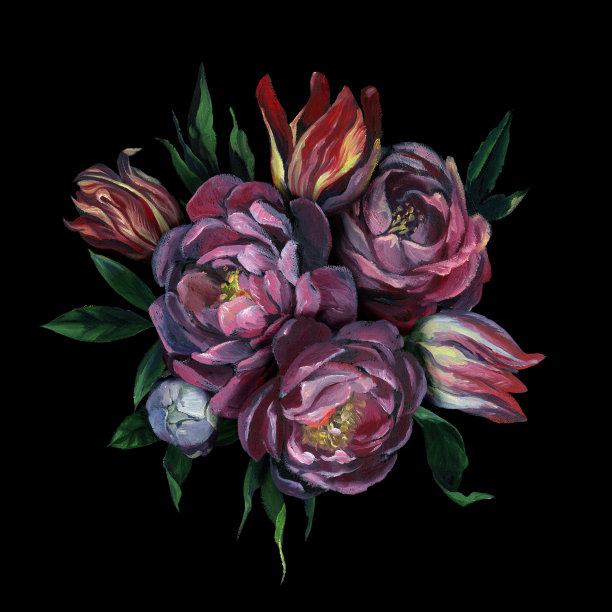 一束不同的花和叶子在黑暗的背景，欢迎和婚礼贺卡。素材图片