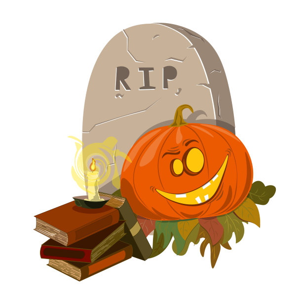微笑的南瓜头旁边的墓碑和蜡烛图片下载