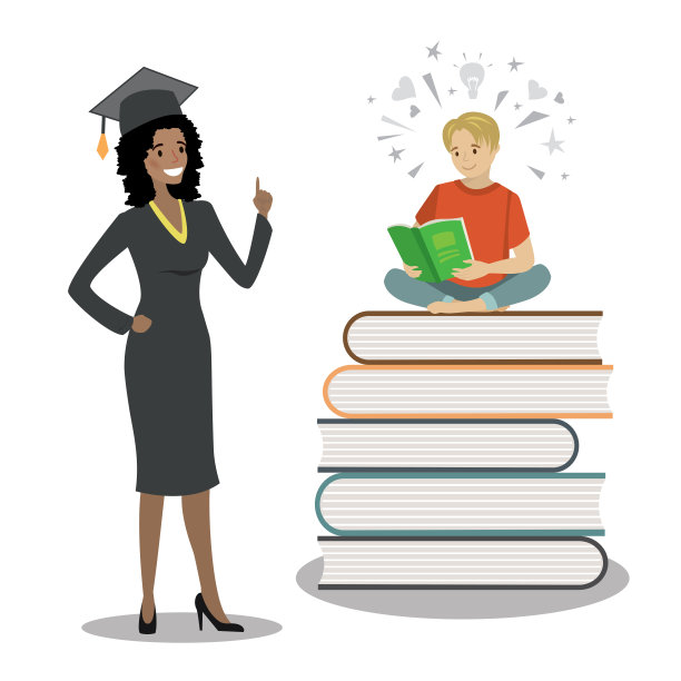 快乐的非洲裔美国女毕业生在斗篷和毕业帽和青少年坐在书和阅读图片下载