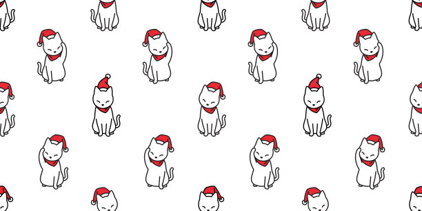 猫无缝图案矢量圣诞老人帽圣诞猫卡通孤立瓷砖背景墙纸插图图片下载
