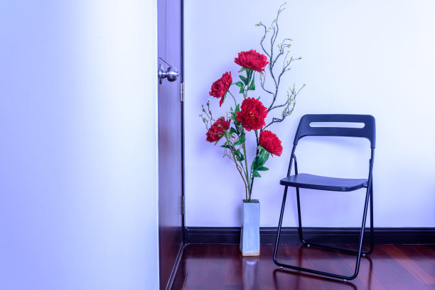 现代客厅装饰，彩色的人造花花瓶和椅子图片下载