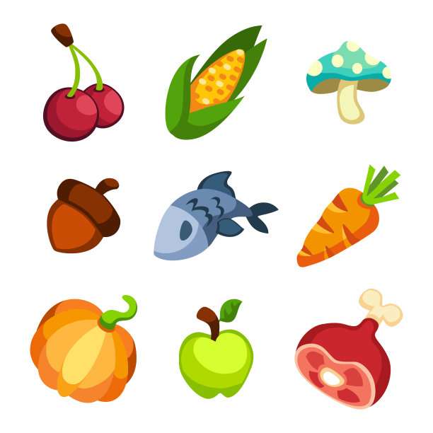 一套卡通食品图标-胡萝卜，鱼，坚果，玉米，樱桃，蘑菇，苹果，南瓜图片下载