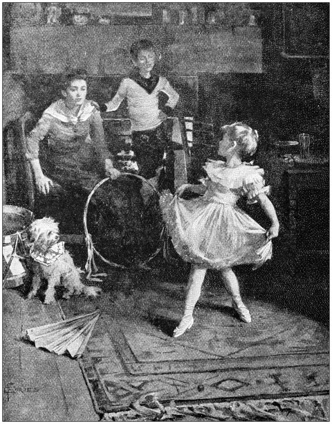 古玩画插图:孩子们在玩耍图片下载