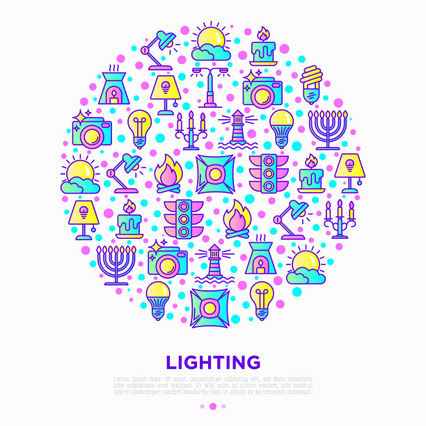 灯管，LED，节能灯，蜡烛，台灯，阳光，聚光灯，闪光灯，烛台，篝火，烛台，灯塔。矢量插图，打印媒体模板。图片下载