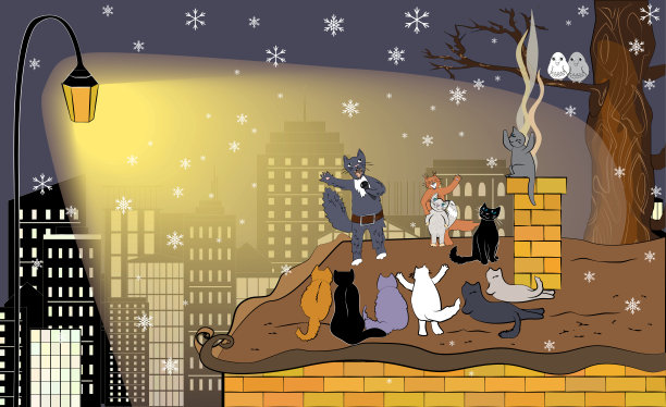 冬天的贺卡和快乐的猫。矢量图图片下载