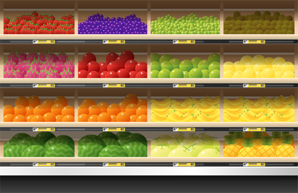 新鲜水果在超市货架上展示，矢量，插图图片下载