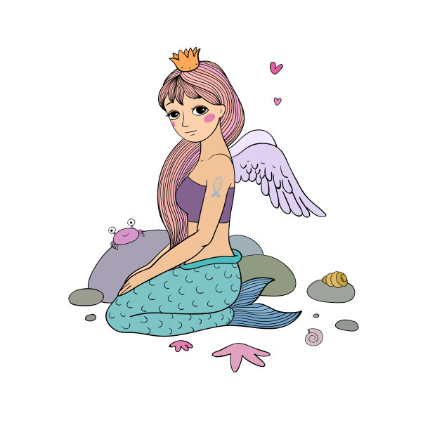卡通小美人鱼。塞壬。素材图片