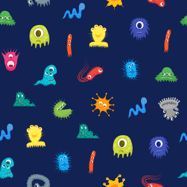卡通细菌角色无缝模式背景。向量图片下载