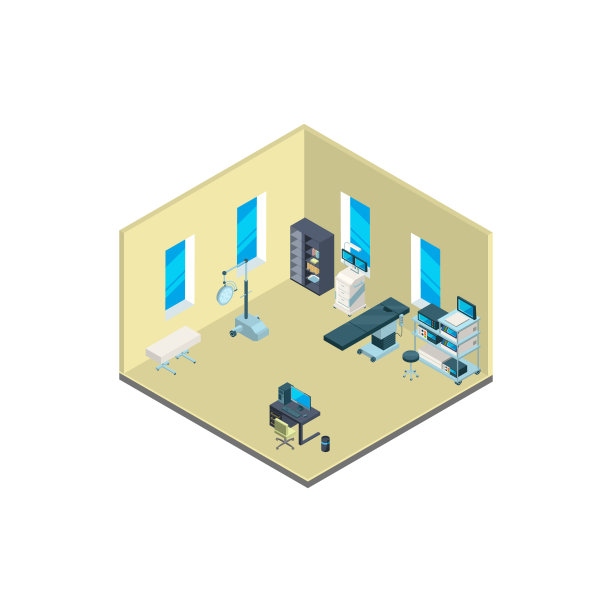 矢量等距医院内部家具和医疗设备插图图片下载