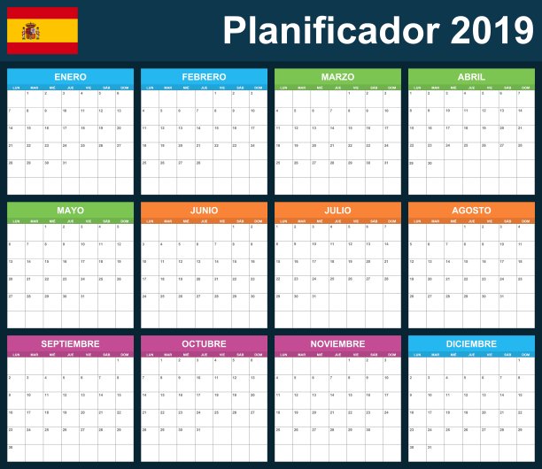 2019年西班牙规划师空白。调度程序，议程或日记模板。一周从周一开始图片下载