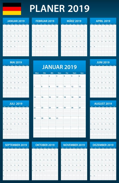 2019年德国规划师空白。调度程序，议程或日记模板。一周从周一开始图片下载