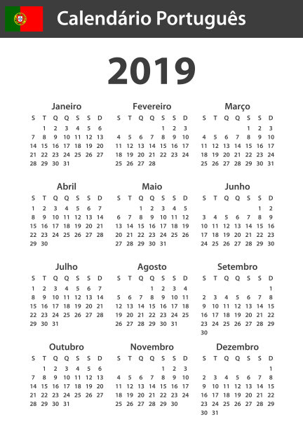 2019年葡萄牙日历。调度程序，议程或日记模板。一周从周一开始图片下载