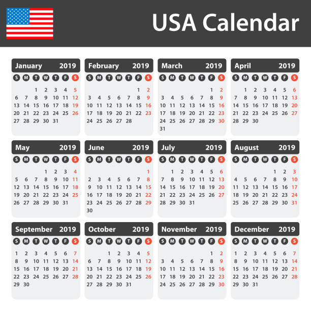 美国2019年日历。调度程序，议程或日记模板。一周从周日开始图片下载