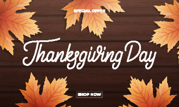 感恩节出售。用于感恩节促销、促销等的横幅设计。感恩节的文字，落叶和木制的背景图片下载