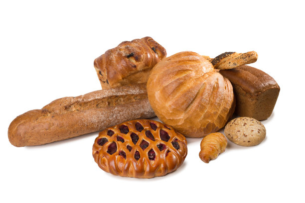 不同的面包孤立在白色背景上。法棍面包，果酱派，白面包，黑面包和燕麦面包。图片下载