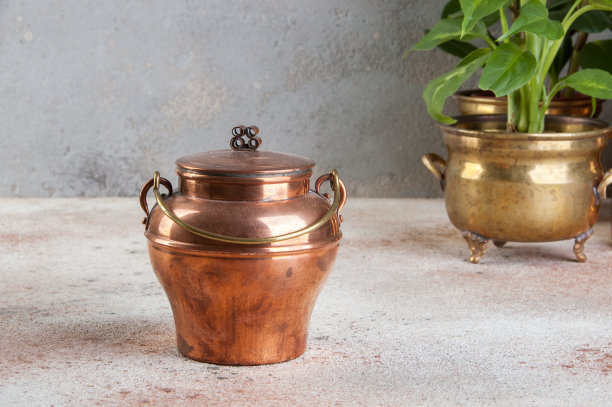 古老的铜罐和绿色植物图片下载