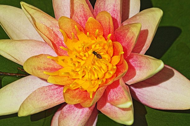 蜜蜂降落在美丽的粉红色荷花上，睡莲漂浮在池塘里图片下载